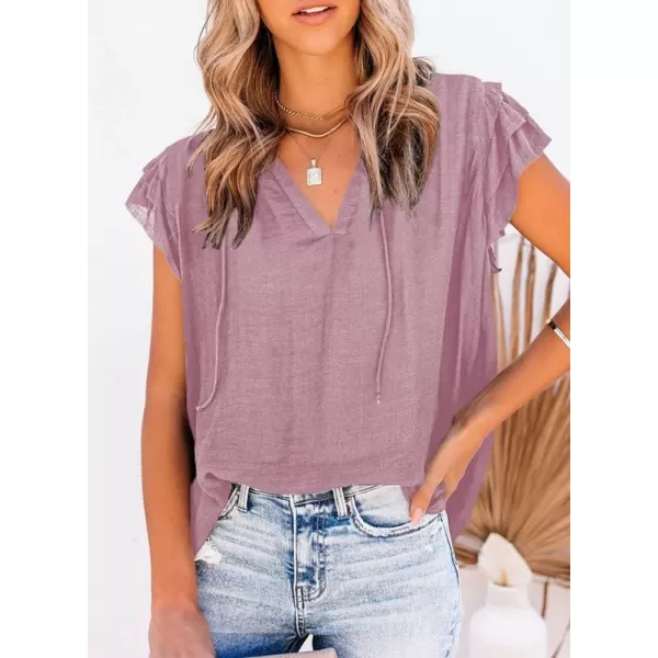 Dokotoo Women's Casual V Neck Tops Drawstring Short Sleeve T Shirt Blouses