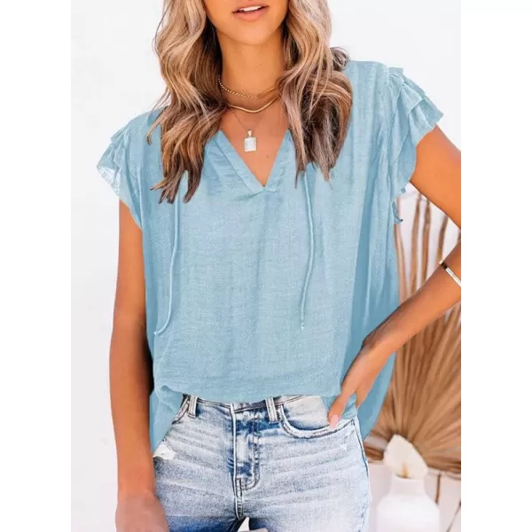 Dokotoo Women's Casual V Neck Tops Drawstring Short Sleeve T Shirt Blouses