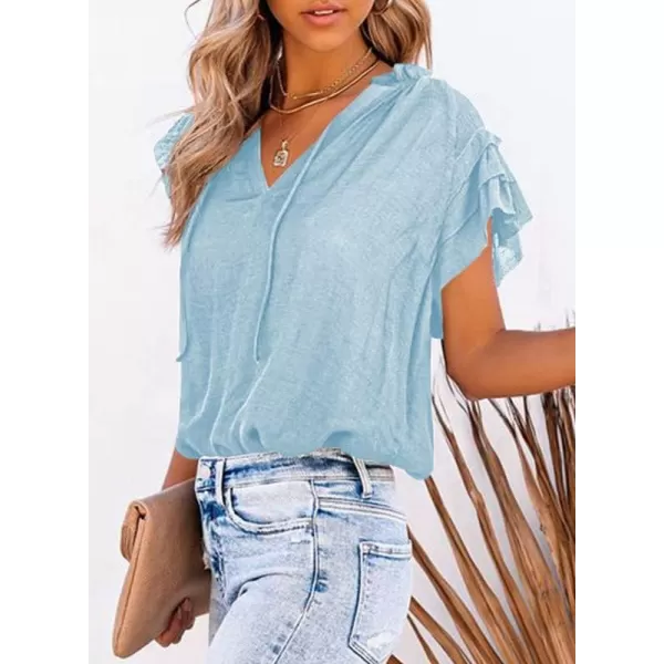Dokotoo Women's Casual V Neck Tops Drawstring Short Sleeve T Shirt Blouses