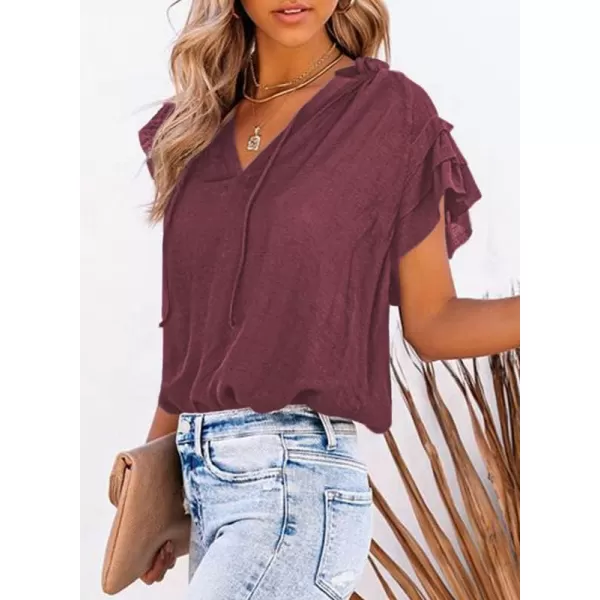 Dokotoo Women's Casual V Neck Tops Drawstring Short Sleeve T Shirt Blouses