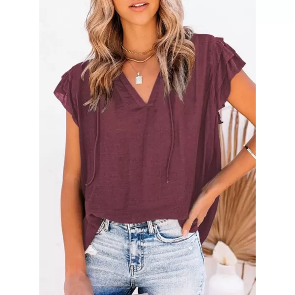 Dokotoo Women's Casual V Neck Tops Drawstring Short Sleeve T Shirt Blouses
