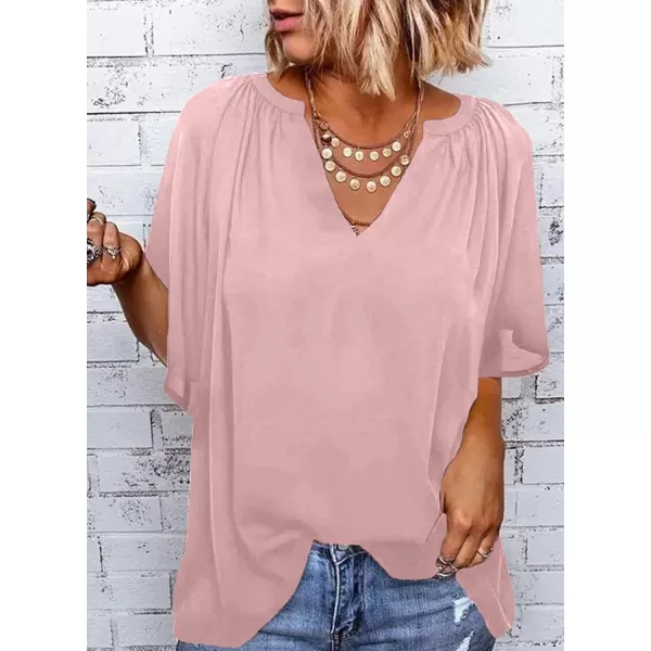 Dokotoo Womens Chiffon Blouses Casual Solid Bell Sleeve Shirt Loose V Neck Pleated Tunic Tops