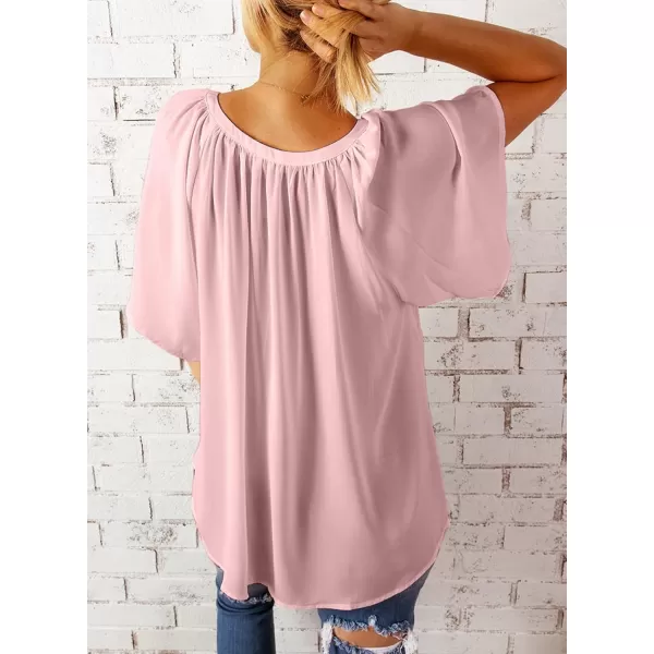 Dokotoo Womens Chiffon Blouses Casual Solid Bell Sleeve Shirt Loose V Neck Pleated Tunic Tops