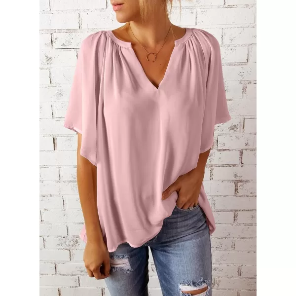 Dokotoo Womens Chiffon Blouses Casual Solid Bell Sleeve Shirt Loose V Neck Pleated Tunic Tops