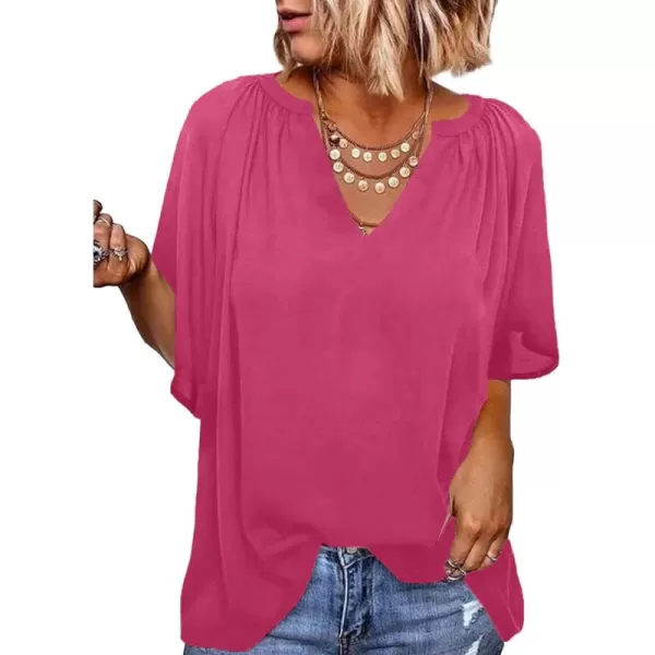 Dokotoo Womens Chiffon Blouses Casual Solid Bell Sleeve Shirt Loose V Neck Pleated Tunic Tops