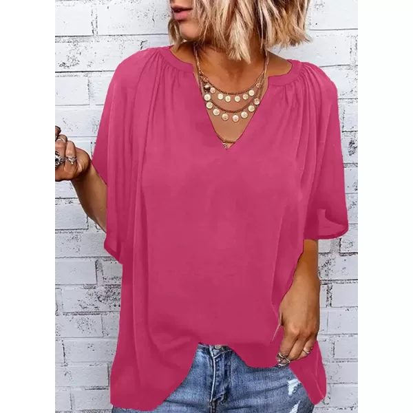 Dokotoo Womens Chiffon Blouses Casual Solid Bell Sleeve Shirt Loose V Neck Pleated Tunic Tops