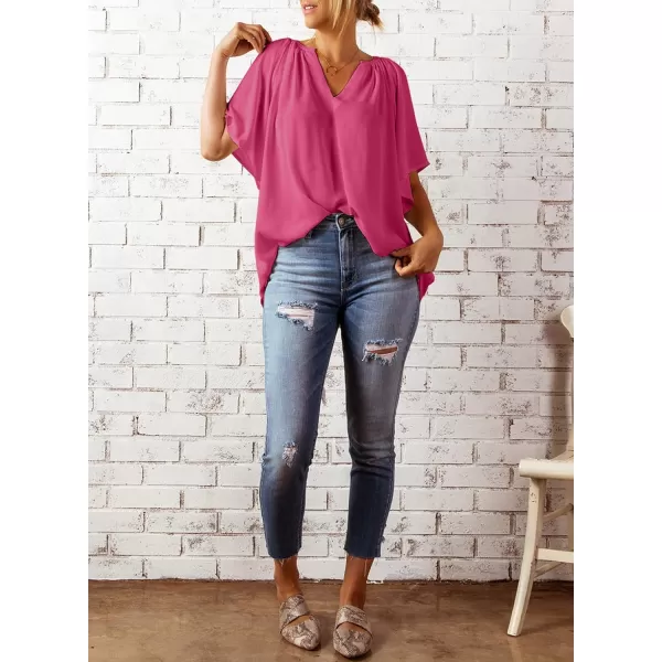 Dokotoo Womens Chiffon Blouses Casual Solid Bell Sleeve Shirt Loose V Neck Pleated Tunic Tops