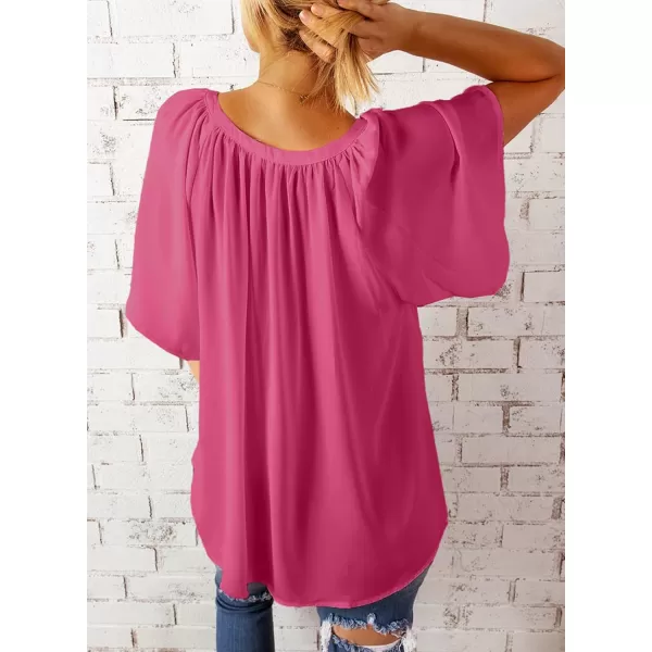 Dokotoo Womens Chiffon Blouses Casual Solid Bell Sleeve Shirt Loose V Neck Pleated Tunic Tops