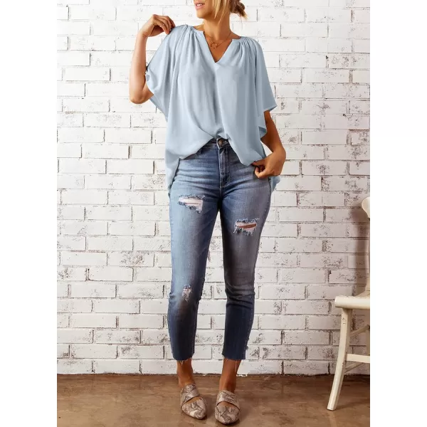 Dokotoo Womens Chiffon Blouses Casual Solid Bell Sleeve Shirt Loose V Neck Pleated Tunic Tops