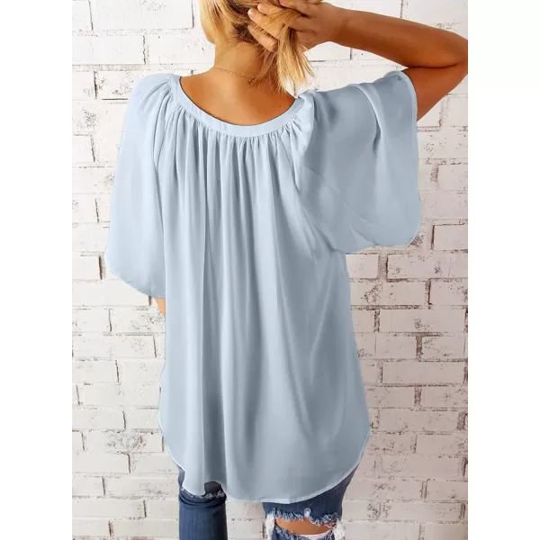 Dokotoo Womens Chiffon Blouses Casual Solid Bell Sleeve Shirt Loose V Neck Pleated Tunic Tops