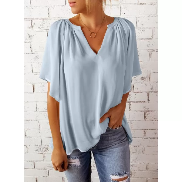Dokotoo Womens Chiffon Blouses Casual Solid Bell Sleeve Shirt Loose V Neck Pleated Tunic Tops