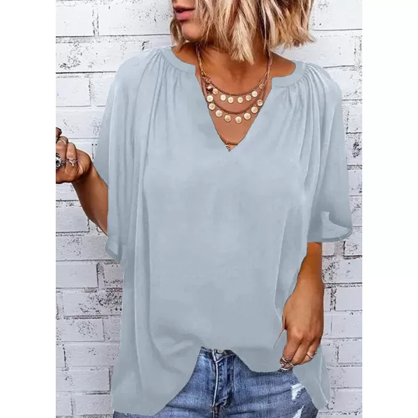 Dokotoo Womens Chiffon Blouses Casual Solid Bell Sleeve Shirt Loose V Neck Pleated Tunic Tops
