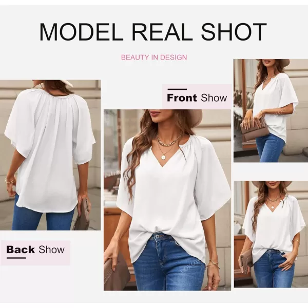Dokotoo Womens Chiffon Blouses Casual Solid Bell Sleeve Shirt Loose V Neck Pleated Tunic Tops