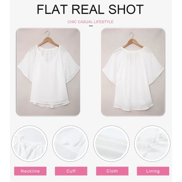 Dokotoo Womens Chiffon Blouses Casual Solid Bell Sleeve Shirt Loose V Neck Pleated Tunic Tops