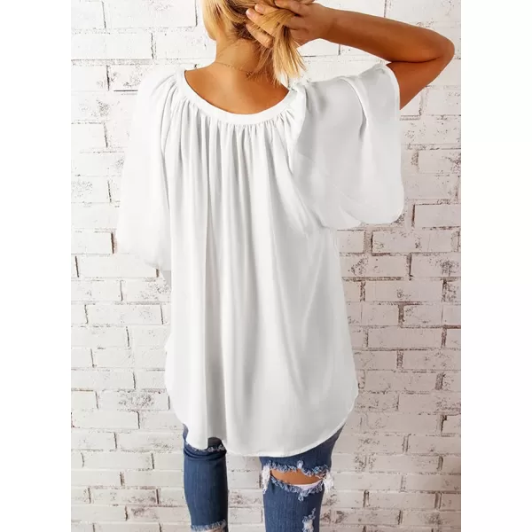 Dokotoo Womens Chiffon Blouses Casual Solid Bell Sleeve Shirt Loose V Neck Pleated Tunic Tops