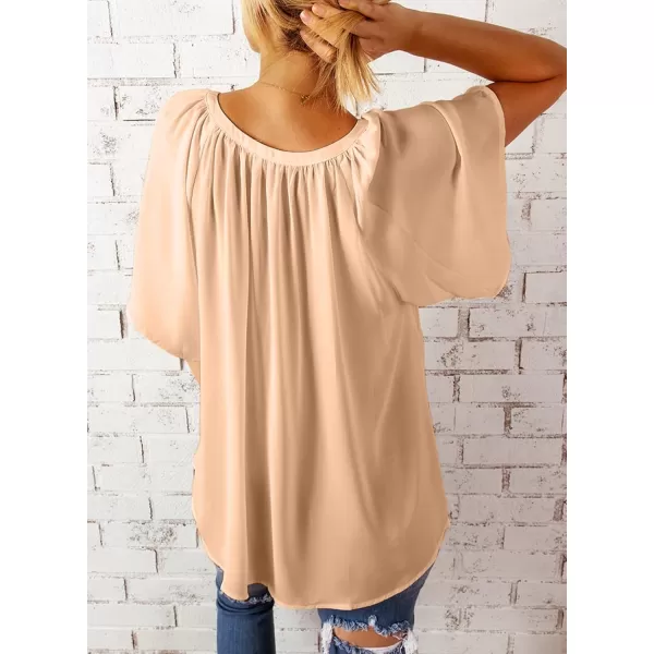 Dokotoo Womens Chiffon Blouses Casual Solid Bell Sleeve Shirt Loose V Neck Pleated Tunic Tops