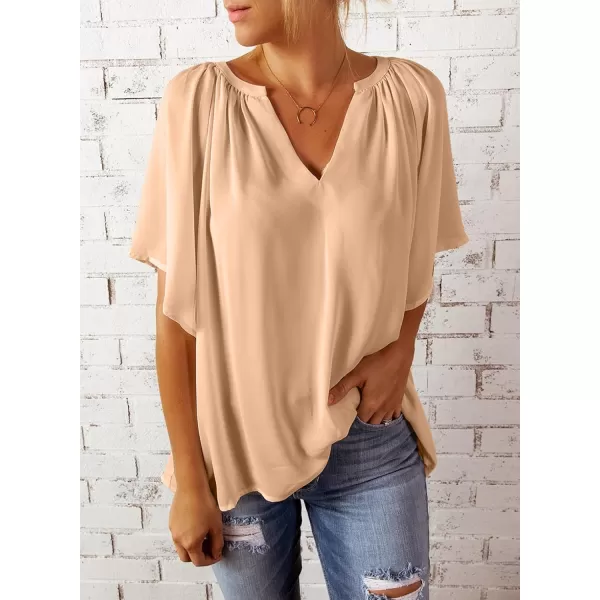 Dokotoo Womens Chiffon Blouses Casual Solid Bell Sleeve Shirt Loose V Neck Pleated Tunic Tops