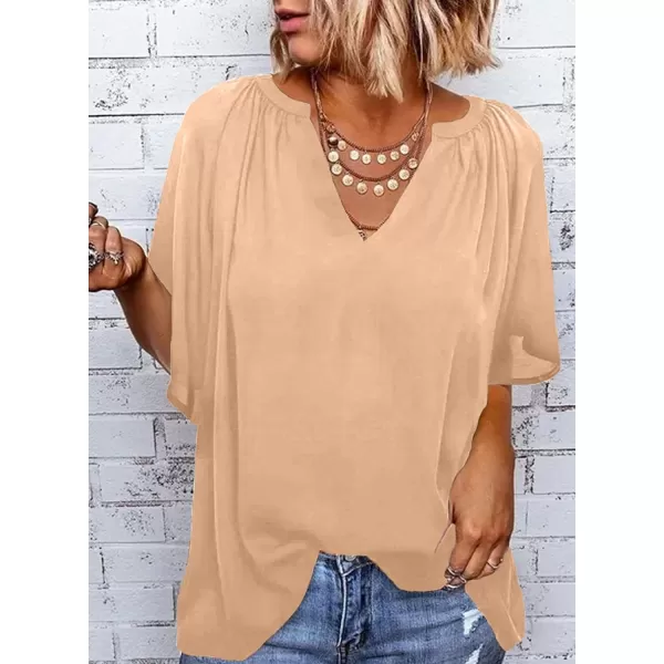 Dokotoo Womens Chiffon Blouses Casual Solid Bell Sleeve Shirt Loose V Neck Pleated Tunic Tops