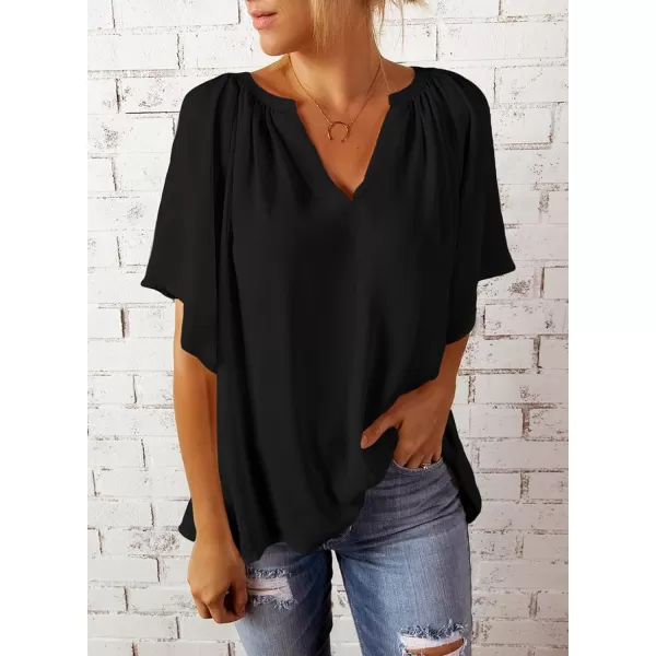 Dokotoo Womens Chiffon Blouses Casual Solid Bell Sleeve Shirt Loose V Neck Pleated Tunic Tops