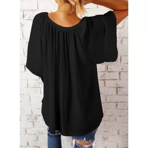 Dokotoo Womens Chiffon Blouses Casual Solid Bell Sleeve Shirt Loose V Neck Pleated Tunic Tops