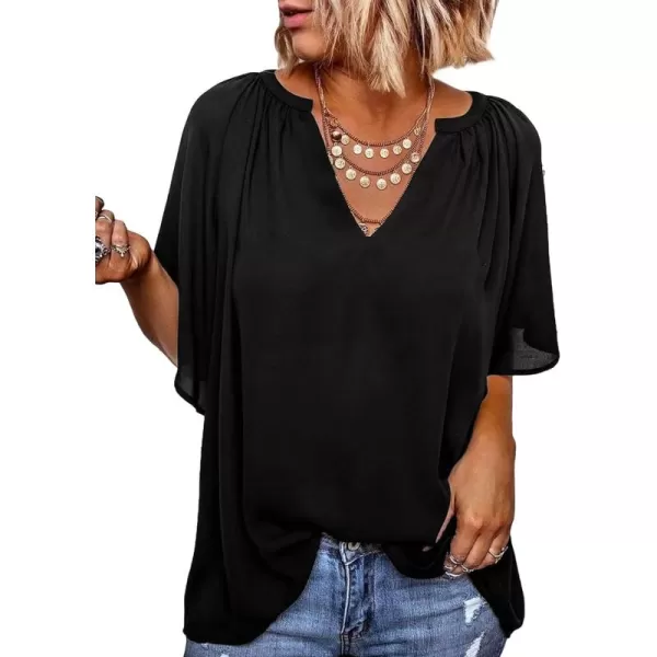 Dokotoo Womens Chiffon Blouses Casual Solid Bell Sleeve Shirt Loose V Neck Pleated Tunic Tops