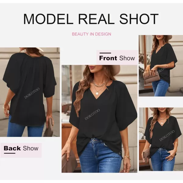 Dokotoo Womens Chiffon Blouses Casual Solid Bell Sleeve Shirt Loose V Neck Pleated Tunic Tops