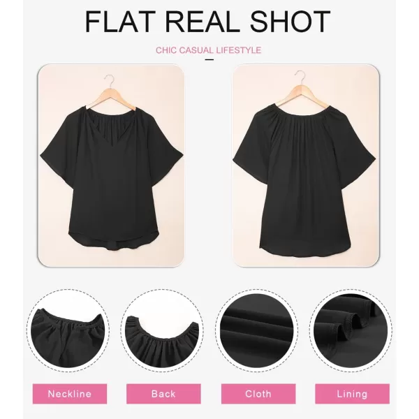 Dokotoo Womens Chiffon Blouses Casual Solid Bell Sleeve Shirt Loose V Neck Pleated Tunic Tops