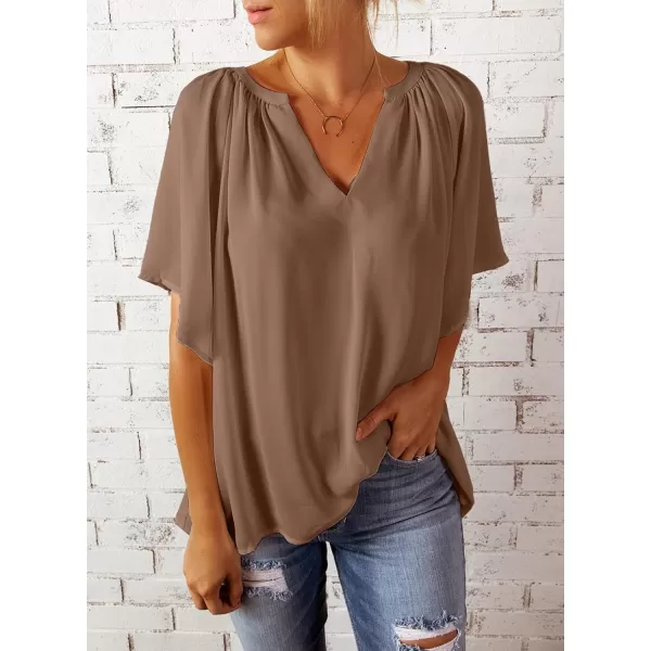 Dokotoo Womens Chiffon Blouses Casual Solid Bell Sleeve Shirt Loose V Neck Pleated Tunic Tops