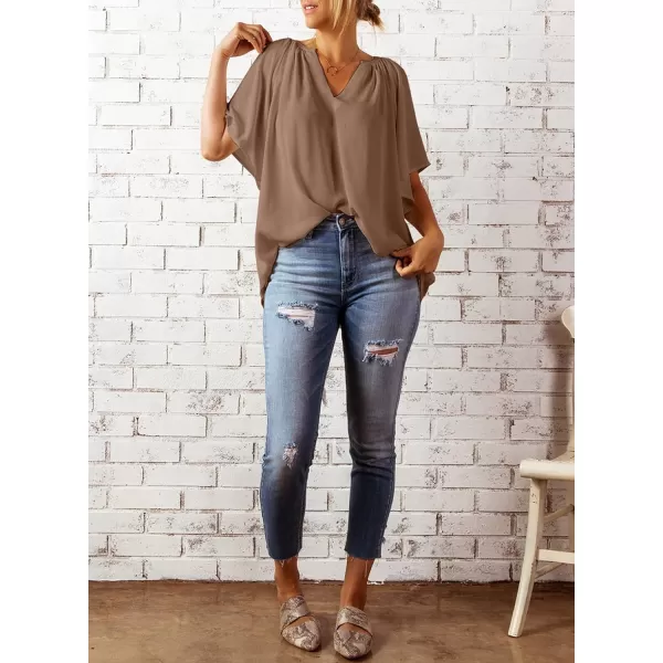 Dokotoo Womens Chiffon Blouses Casual Solid Bell Sleeve Shirt Loose V Neck Pleated Tunic Tops