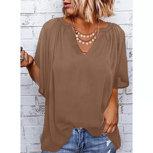 Dokotoo Womens Chiffon Blouses Casual Solid Bell Sleeve Shirt Loose V Neck Pleated Tunic Tops