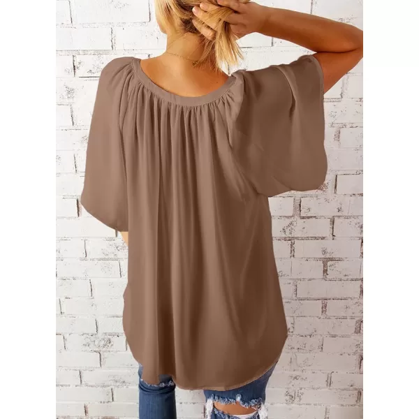 Dokotoo Womens Chiffon Blouses Casual Solid Bell Sleeve Shirt Loose V Neck Pleated Tunic Tops