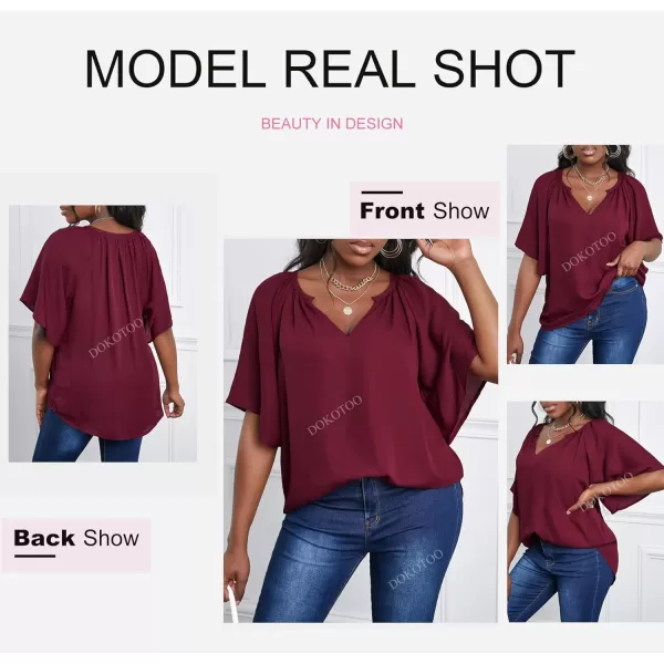 Dokotoo Womens Chiffon Blouses Casual Solid Bell Sleeve Shirt Loose V Neck Pleated Tunic Tops