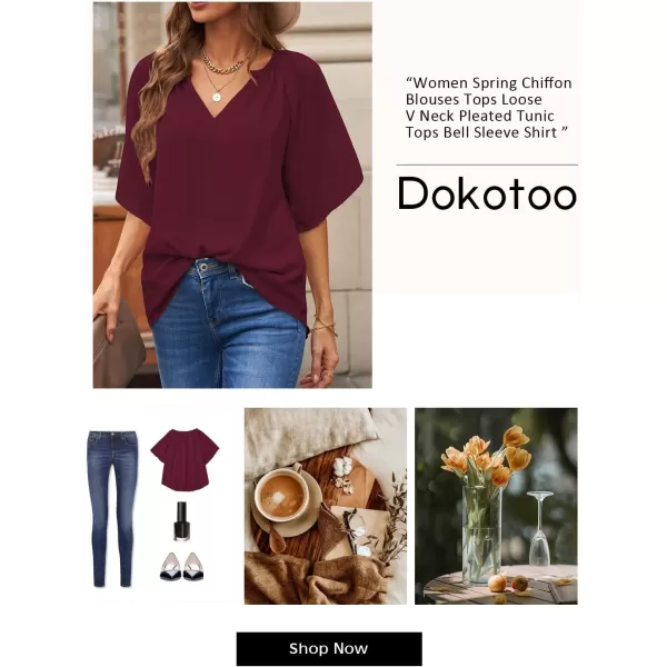 Dokotoo Womens Chiffon Blouses Casual Solid Bell Sleeve Shirt Loose V Neck Pleated Tunic Tops