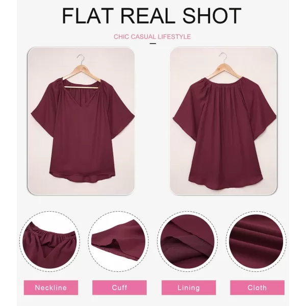 Dokotoo Womens Chiffon Blouses Casual Solid Bell Sleeve Shirt Loose V Neck Pleated Tunic Tops