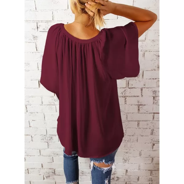 Dokotoo Womens Chiffon Blouses Casual Solid Bell Sleeve Shirt Loose V Neck Pleated Tunic Tops