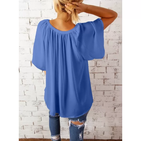 Dokotoo Womens Chiffon Blouses Casual Solid Bell Sleeve Shirt Loose V Neck Pleated Tunic Tops