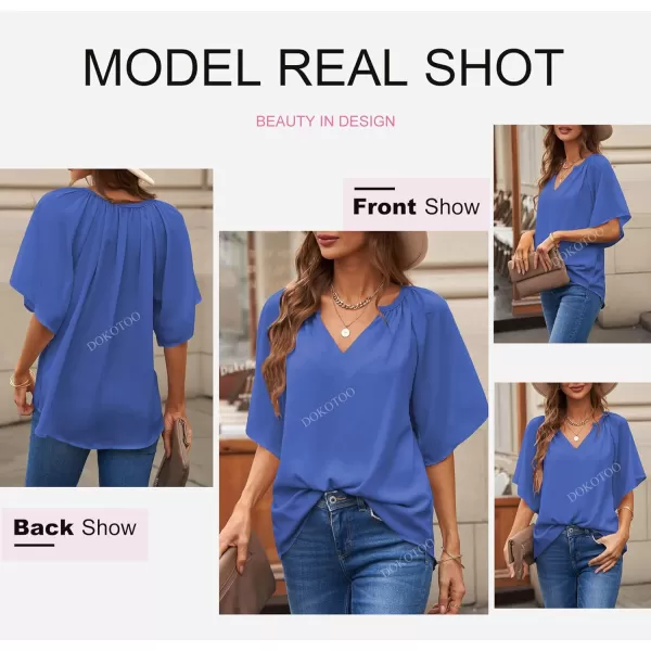 Dokotoo Womens Chiffon Blouses Casual Solid Bell Sleeve Shirt Loose V Neck Pleated Tunic Tops