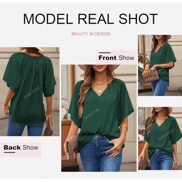 Dokotoo Womens Chiffon Blouses Casual Solid Bell Sleeve Shirt Loose V Neck Pleated Tunic Tops