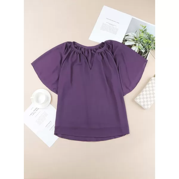 Dokotoo Womens Chiffon Blouses Casual Solid Bell Sleeve Shirt Loose V Neck Pleated Tunic Tops