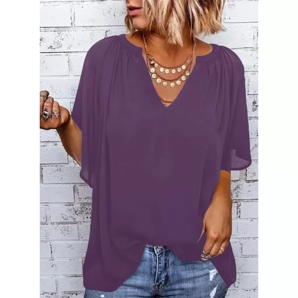 Dokotoo Womens Chiffon Blouses Casual Solid Bell Sleeve Shirt Loose V Neck Pleated Tunic Tops