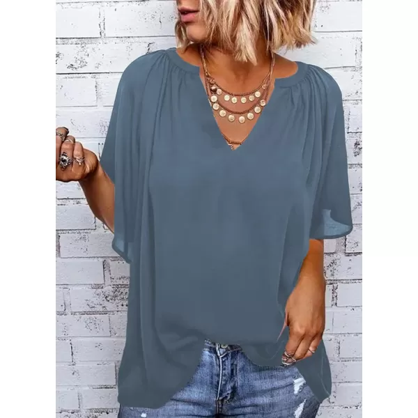 Dokotoo Womens Chiffon Blouses Casual Solid Bell Sleeve Shirt Loose V Neck Pleated Tunic Tops