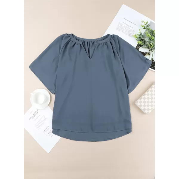 Dokotoo Womens Chiffon Blouses Casual Solid Bell Sleeve Shirt Loose V Neck Pleated Tunic Tops