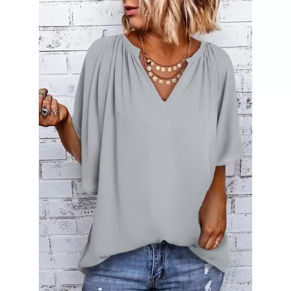 Dokotoo Womens Chiffon Blouses Casual Solid Bell Sleeve Shirt Loose V Neck Pleated Tunic Tops