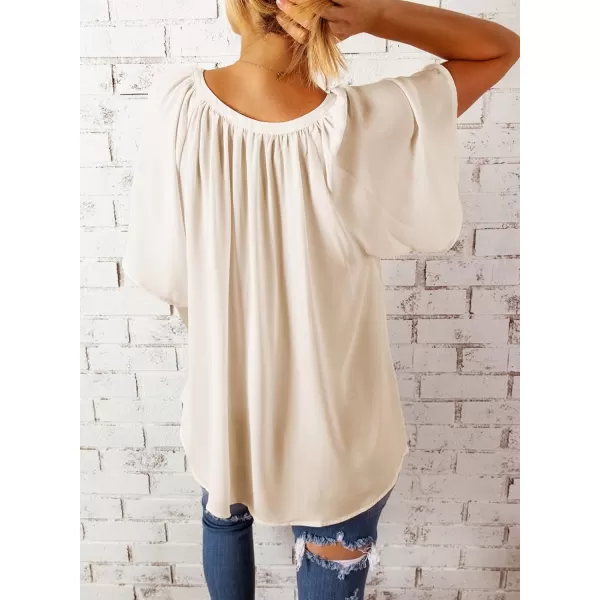 Dokotoo Womens Chiffon Blouses Casual Solid Bell Sleeve Shirt Loose V Neck Pleated Tunic Tops