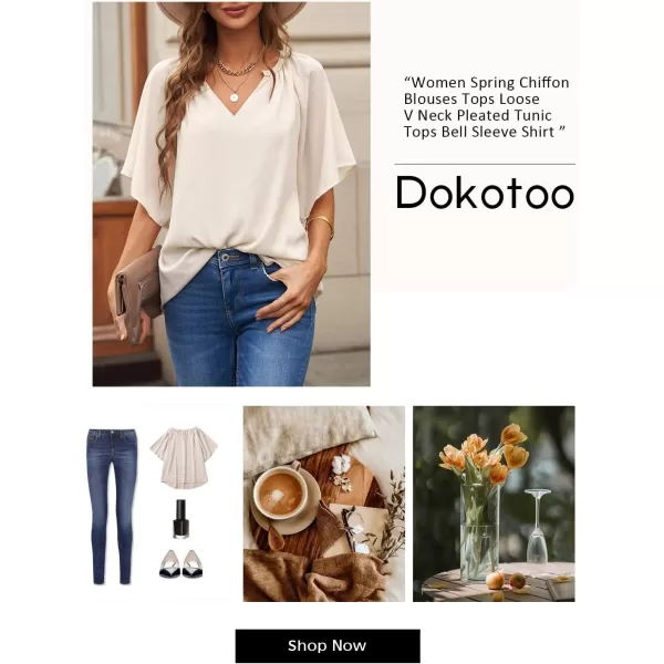 Dokotoo Womens Chiffon Blouses Casual Solid Bell Sleeve Shirt Loose V Neck Pleated Tunic Tops