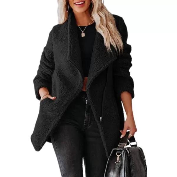 Dokotoo Womens Coats Lapel Collar Long Sleeve Asymmetric Zipper Fuzzy Fleece Jackets with Pockets