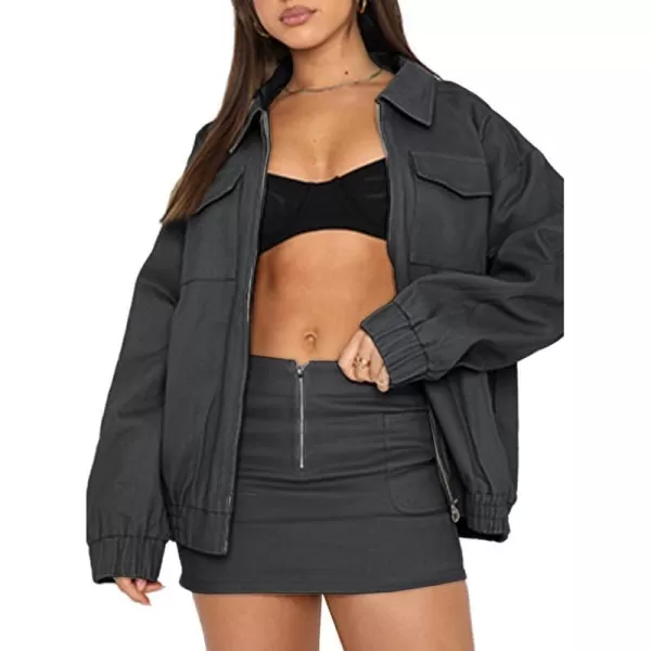Dokotoo Womens Collared Neck Zip Up Vintage Fashion Cargo Jackets Coats with Front Pockets