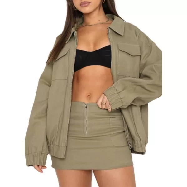 Dokotoo Womens Collared Neck Zip Up Vintage Fashion Cargo Jackets Coats with Front Pockets