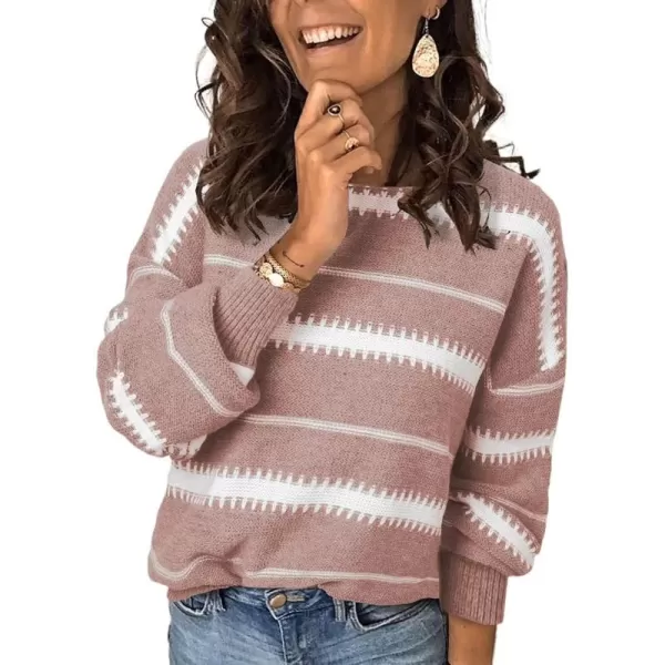 Dokotoo Womens Color Block Sweaters Long Sleeve Crewneck Pullover Knit Jumper Tops