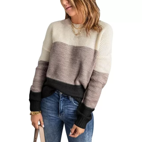 Dokotoo Womens Color Block Sweaters Long Sleeve Crewneck Pullover Knit Jumper Tops
